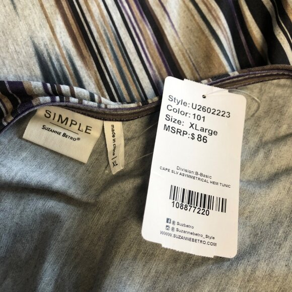 Suzanne Betro Striped Tunic Womens Size XL Asymmetrical Hem Cape Top Boho NEW - Picture 6 of 8